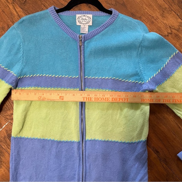 Stitches color block zip up knit sweater v neck long sleeve bright Sz small vntg - Picture 9 of 12